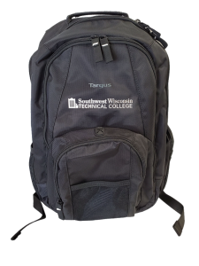 Photo Targus Groove backback showing front with Southwest Tech logo