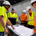 Instructor looking at blueprints, surrounded by students.