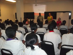 Colleen in front of the students starting her presentation